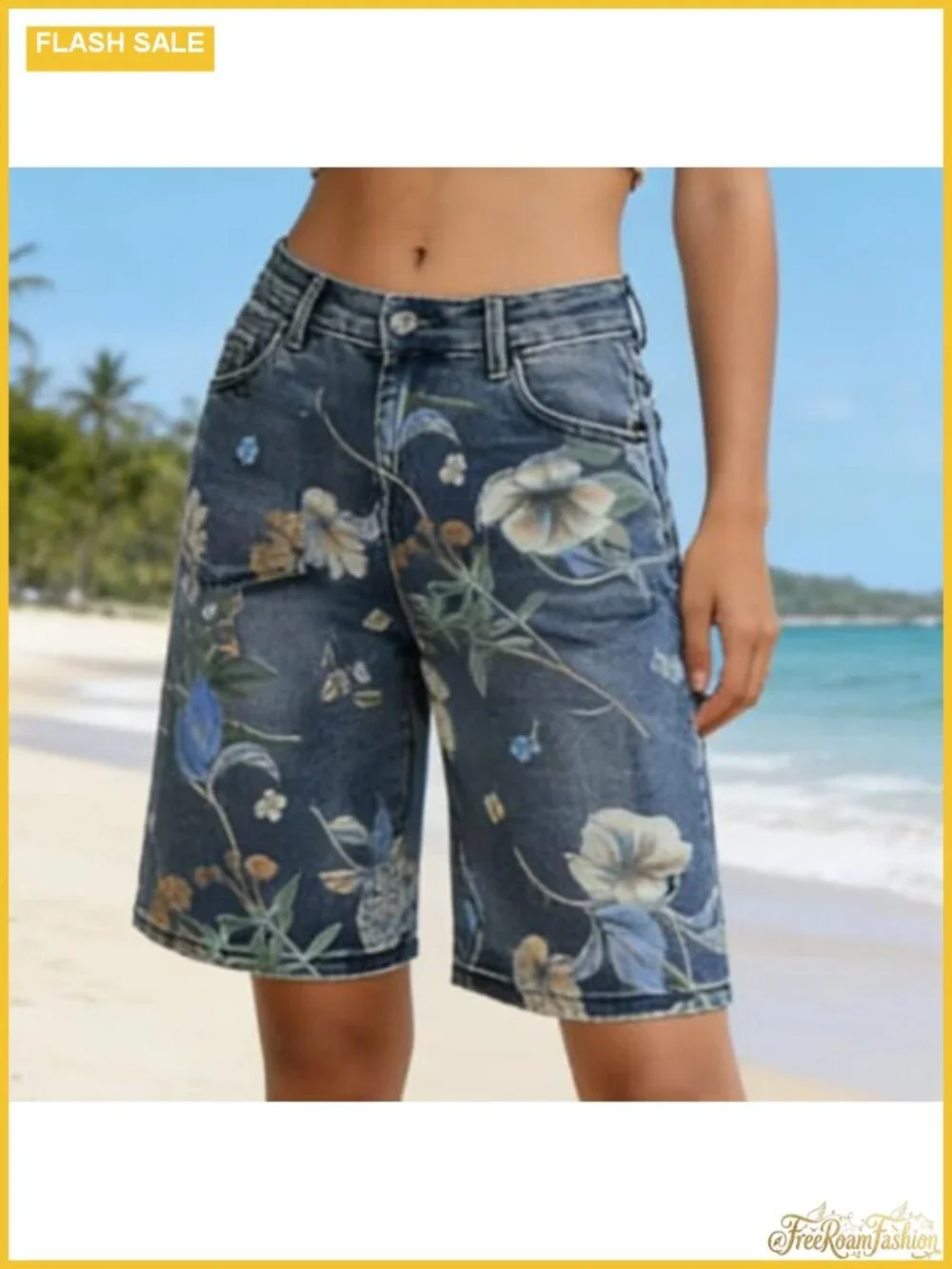 High Waist Floral Embroidered Denim Bermuda Shorts for Women Wide Leg Knee
